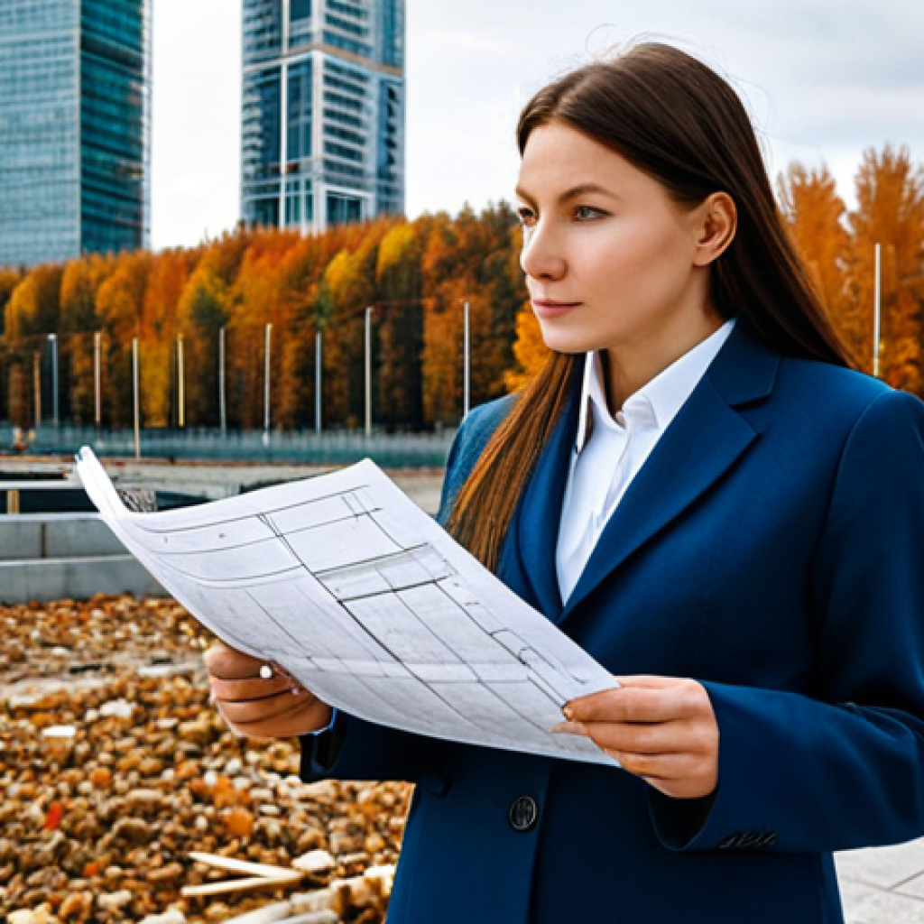 **Subject:** A professional female architect, fully clothed in a stylish but modest business suit, reviewing blueprints on a construction site in Moscow.
**Environment:** Modern glass and steel skyscraper under construction in the background, autumn leaves on the ground.
**Quality Modifiers:** Professional photography, natural light, perfect anatomy, correct proportions, high resolution, safe for work, appropriate content, family-friendly.