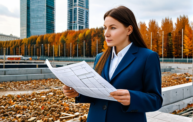 **Subject:** A professional female architect, fully clothed in a stylish but modest business suit, reviewing blueprints on a construction site in Moscow.
**Environment:** Modern glass and steel skyscraper under construction in the background, autumn leaves on the ground.
**Quality Modifiers:** Professional photography, natural light, perfect anatomy, correct proportions, high resolution, safe for work, appropriate content, family-friendly.