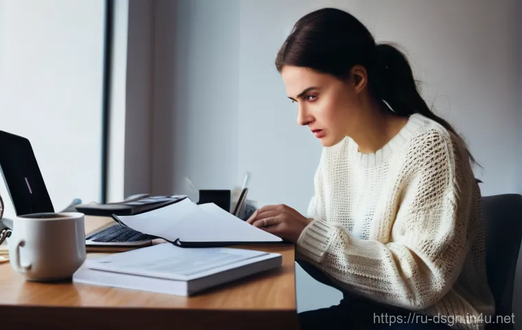 디자인 작업을 위한 클라우드 스토리지 추천 - **A distraught young female graphic designer (early 30s, brunette, wearing a comfortable but stylish...