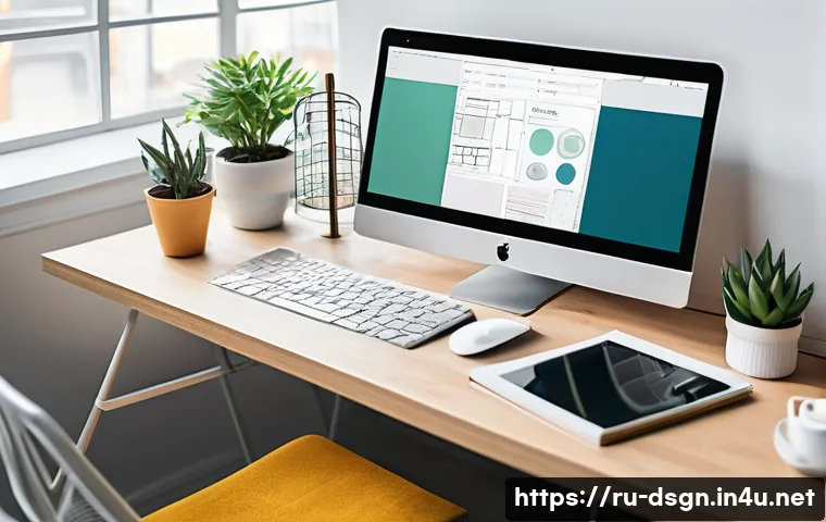 디자인 초보자를 위한 레이아웃 설정 방법 - A modern web designer’s workspace featuring a large desktop monitor displaying a clean, well-structu...