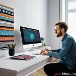 그래픽 디자인과 모션 그래픽의 차이점 - A modern graphic designer&rsquo;s workspace in a cozy Russian apartment, featuring a sleek computer screen...