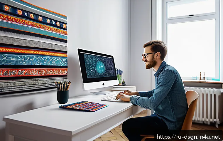 그래픽 디자인과 모션 그래픽의 차이점 - A modern graphic designer’s workspace in a cozy Russian apartment, featuring a sleek computer screen...