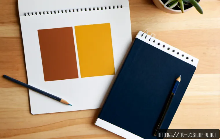 Home 17 디자인 초보자를 위한 색상 조합 가이드 - Photorealistic overhead workspace for a beginner color-combination guide, neatly arranged unmarked c...