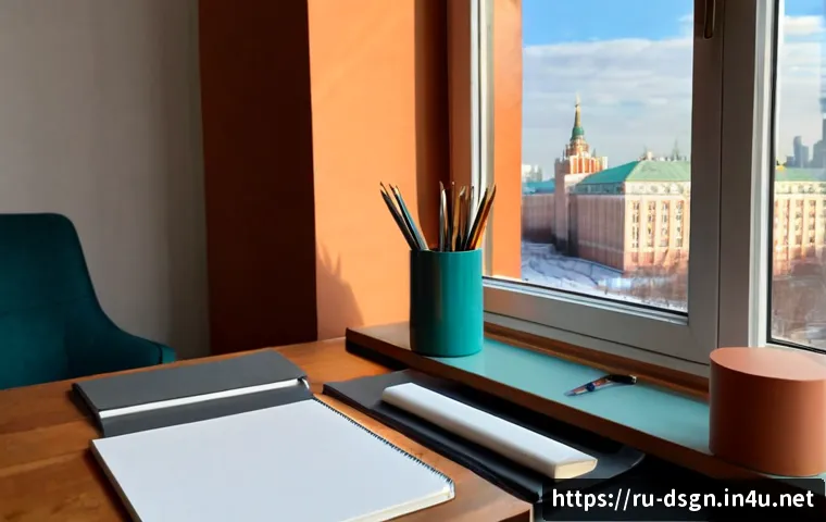컬러 이론을 활용한 디자인 팁 - Photorealistic interior designer’s workspace in a modern Moscow apartment, carefully arranged color ...