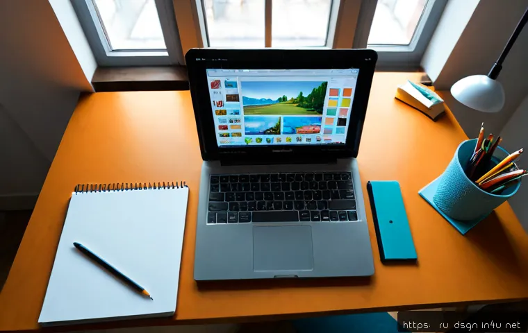 디자인 초보자를 위한 레이어 관리 팁 - Photorealistic overhead view of a beginner graphic designer’s clean home workspace in a Russian apar...